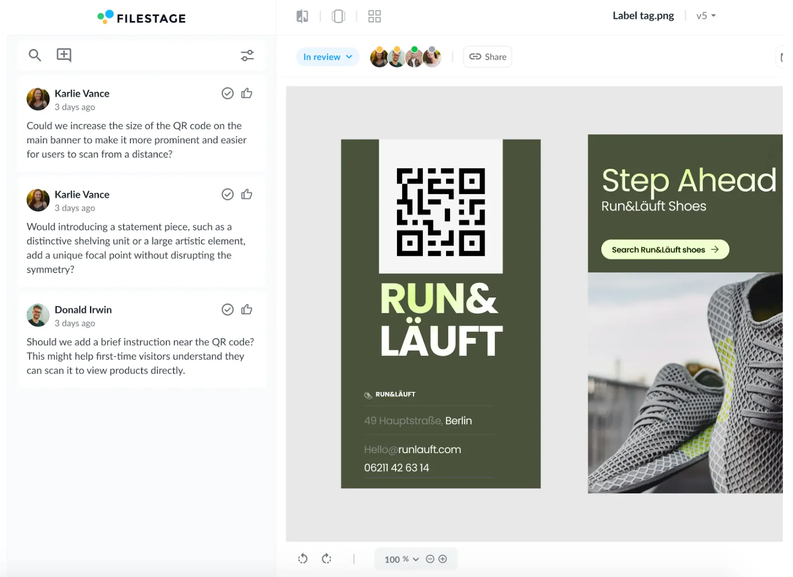 Filestage review of a label tag design with reviewer comments about the QR code in the side panel