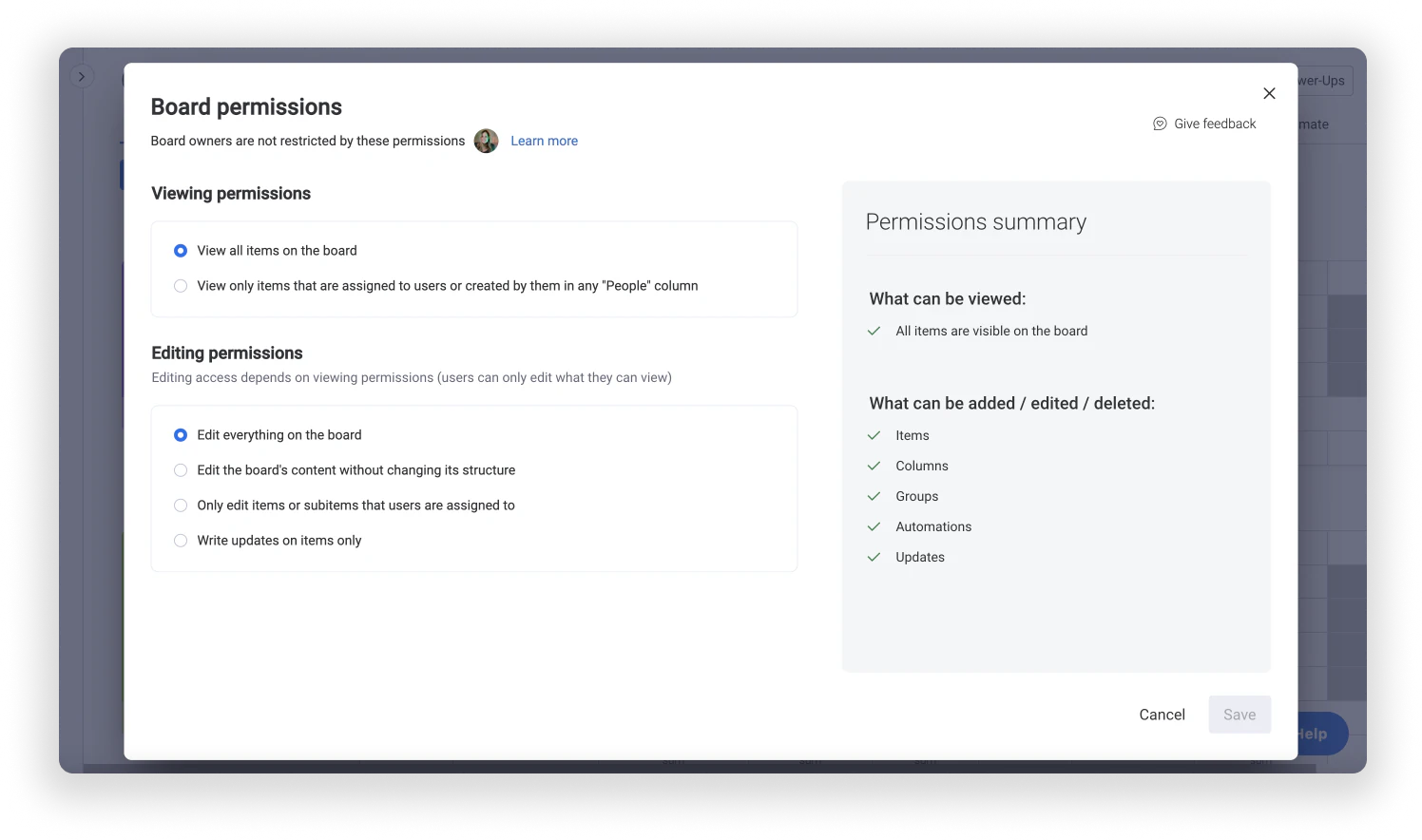 monday board permissions