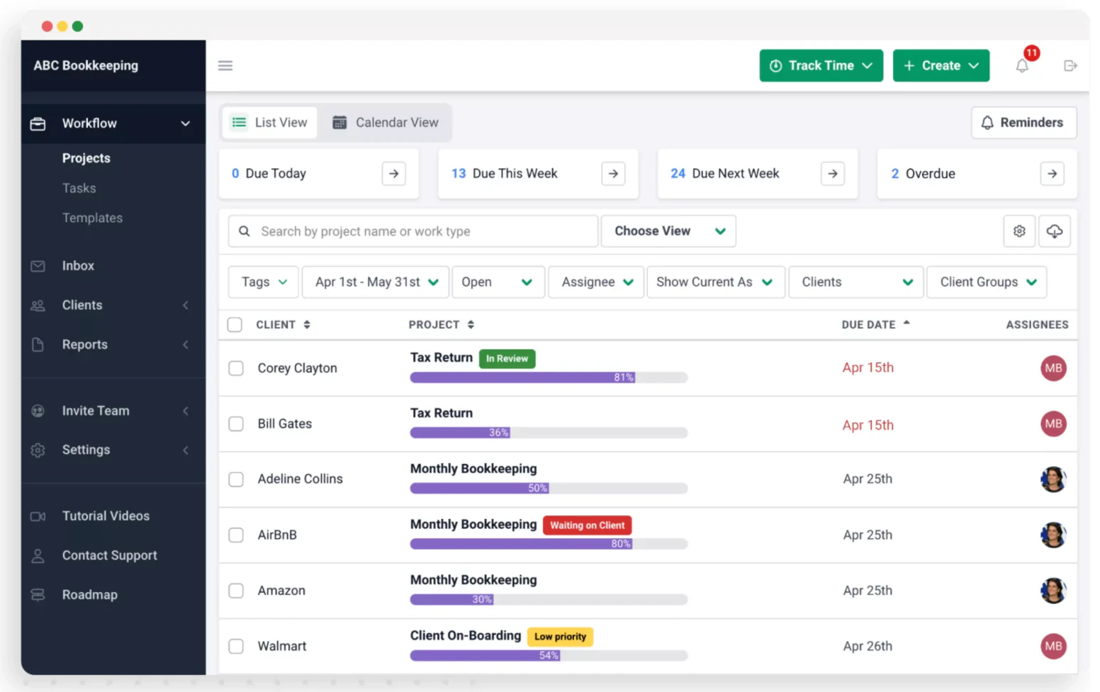 Financial Cents client CRM and task tracking interface for small accounting firms