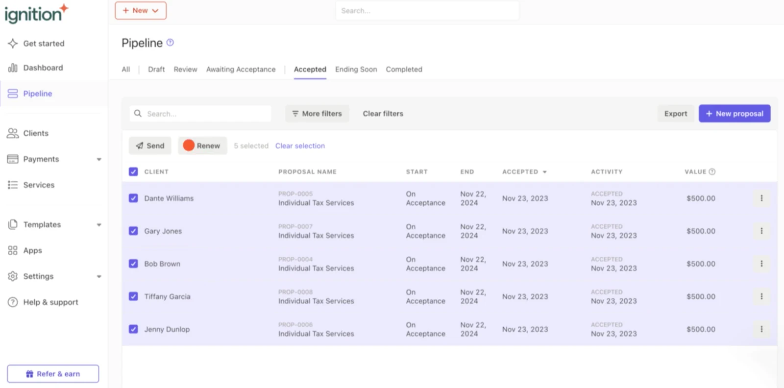 Ignition proposal and billing automation interface for professional services firms