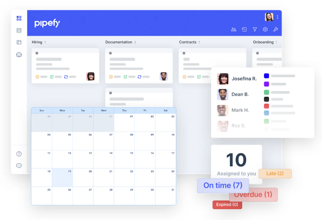Pipefy process board with hiring, documentation and contract columns, a calendar and task status counts