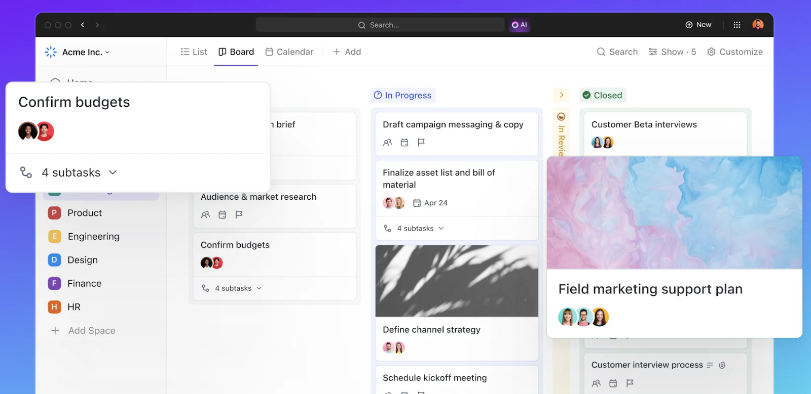 ClickUp board view with marketing tasks in progress and closed columns and a task card with subtasks