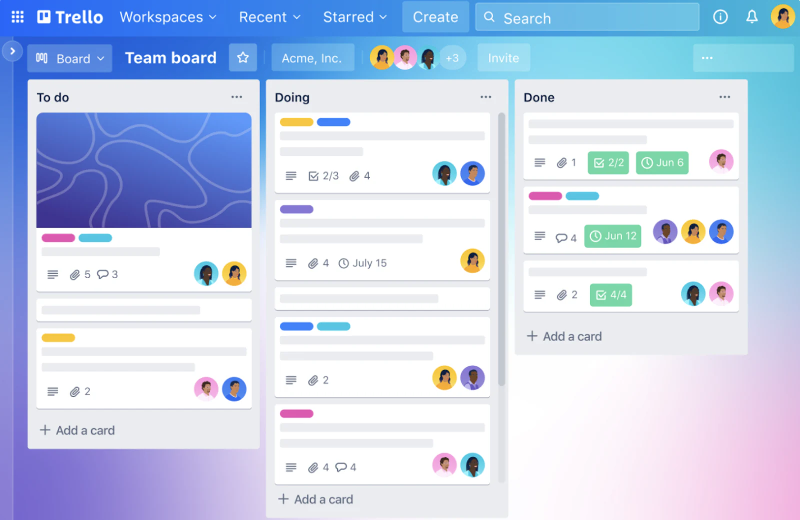 Trello team board with cards organized into To do, Doing and Done lists