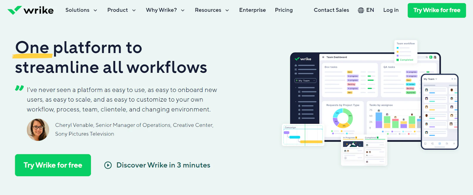 Wrike homepage with the headline One platform to streamline all workflows and dashboard previews