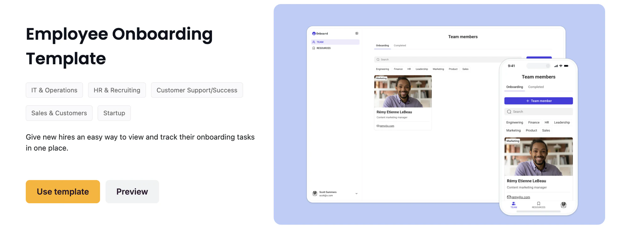 Softr employee onboarding template page with a team members view on desktop and mobile