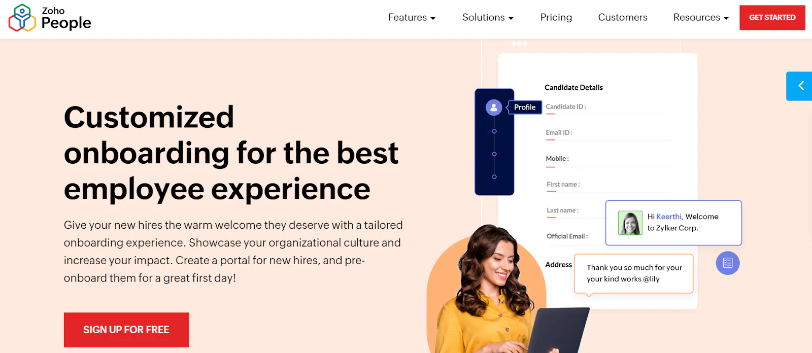 Zoho People homepage about customized onboarding with a candidate details form and welcome message