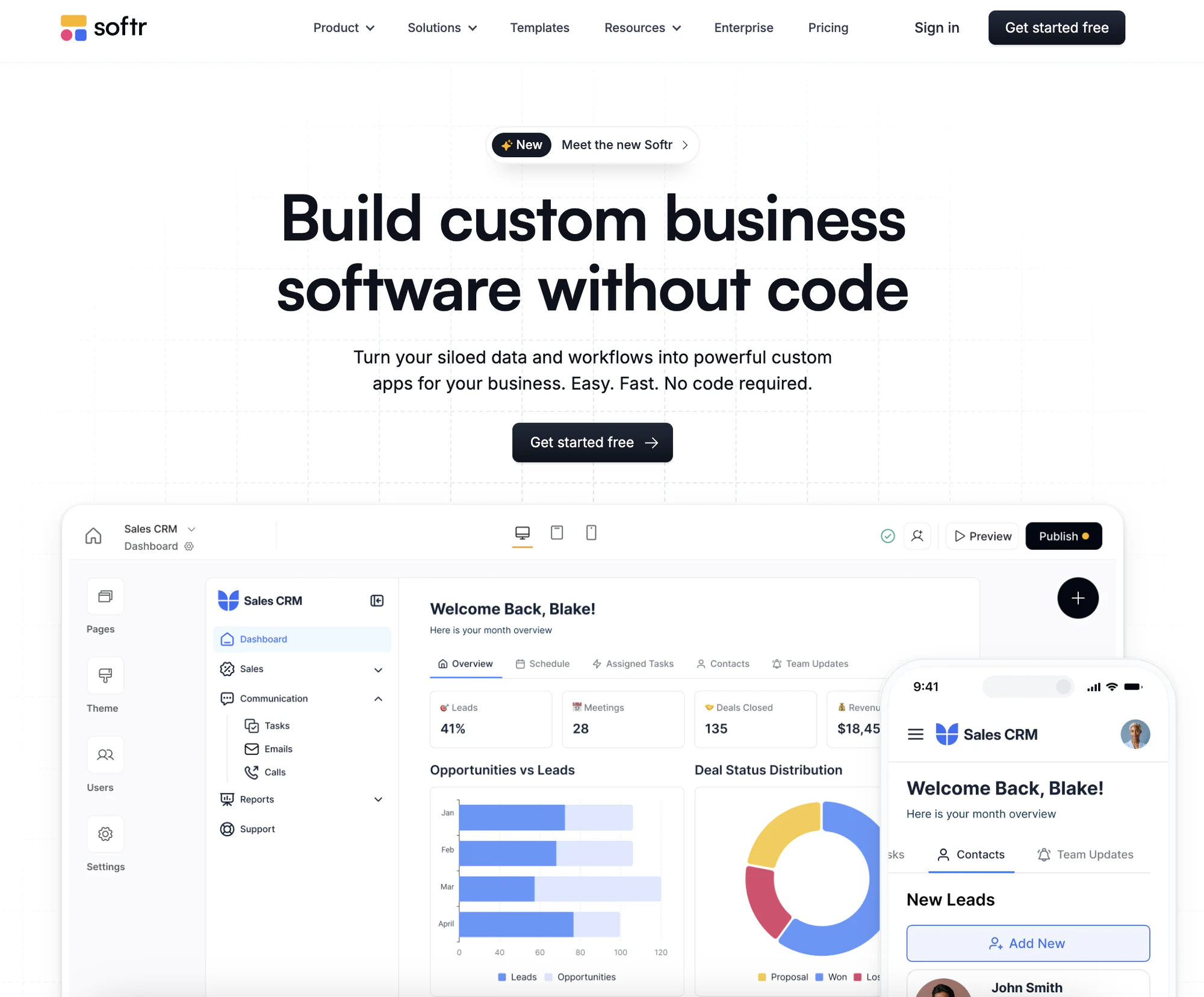 Softr homepage above a Sales CRM app in the builder with a dashboard, charts and a mobile preview