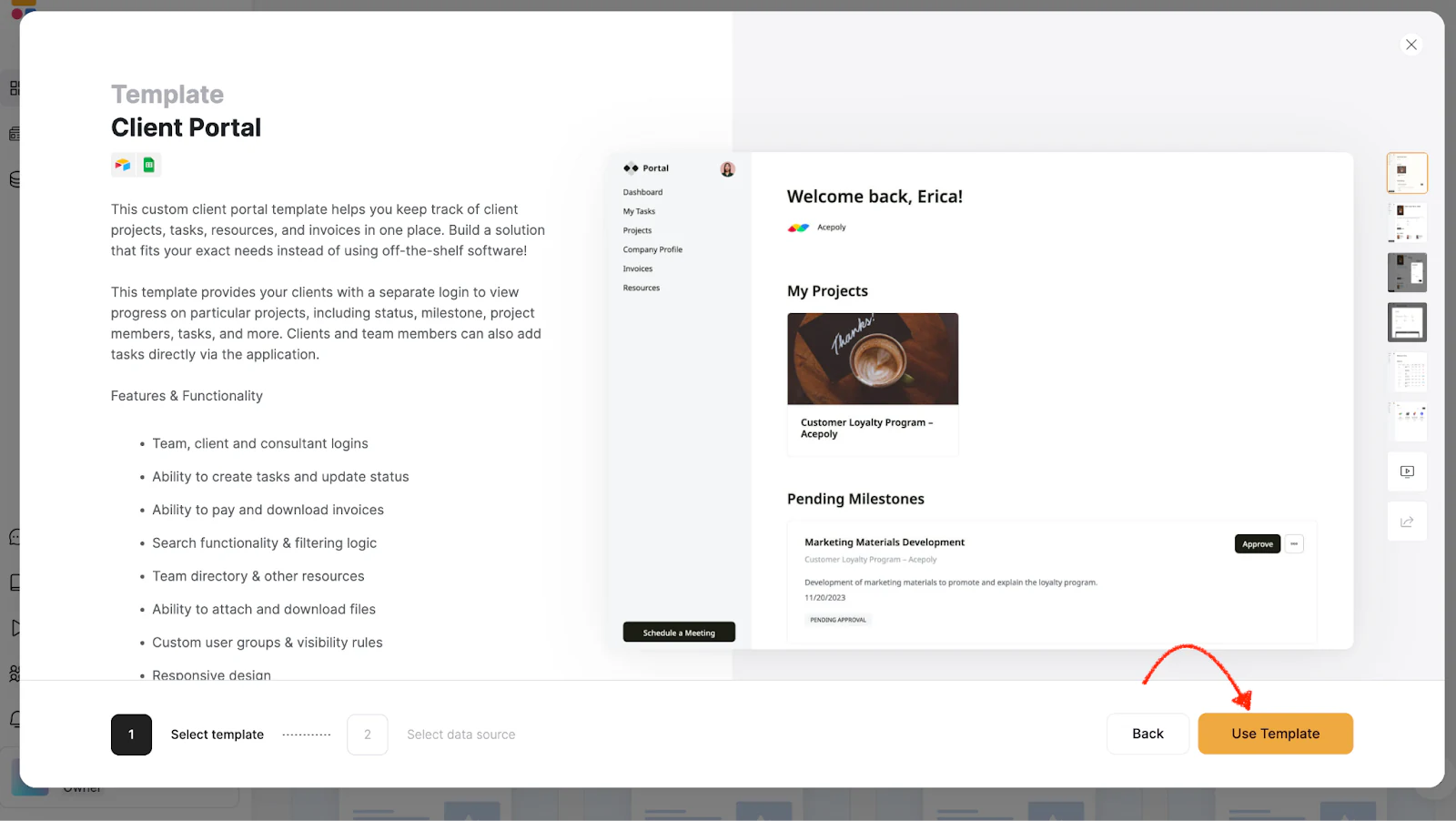 Client portal template preview page with the "Use Template" button