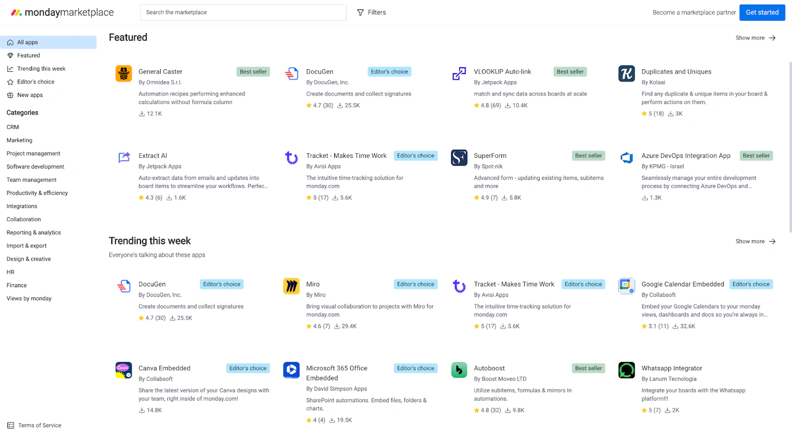 monday.com App Marketplace showing available apps and integrations
