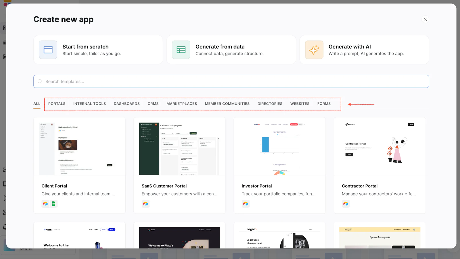 Softr template gallery organized by category for browsing