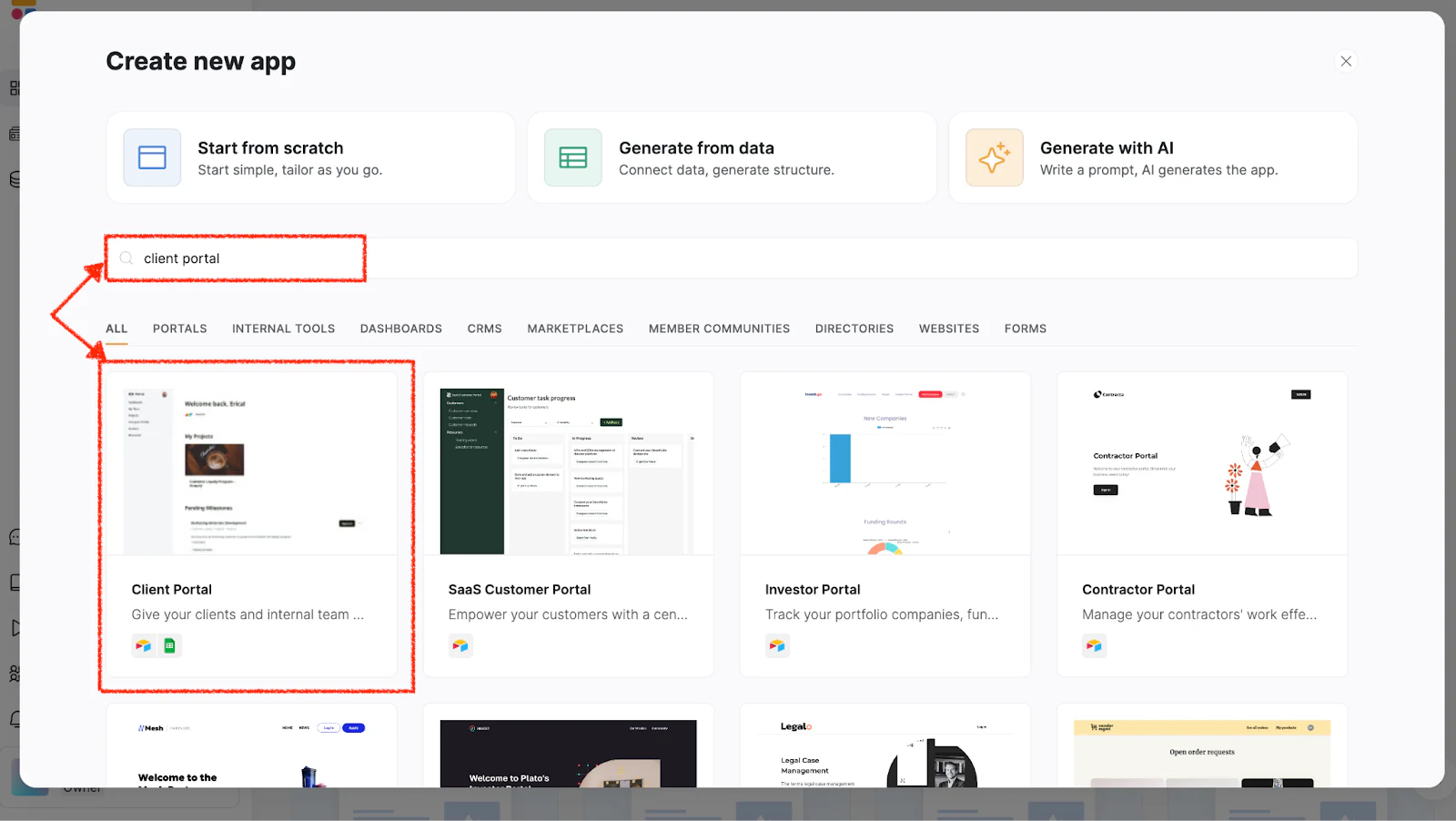 Softr template search bar with "client portal" keyword typed