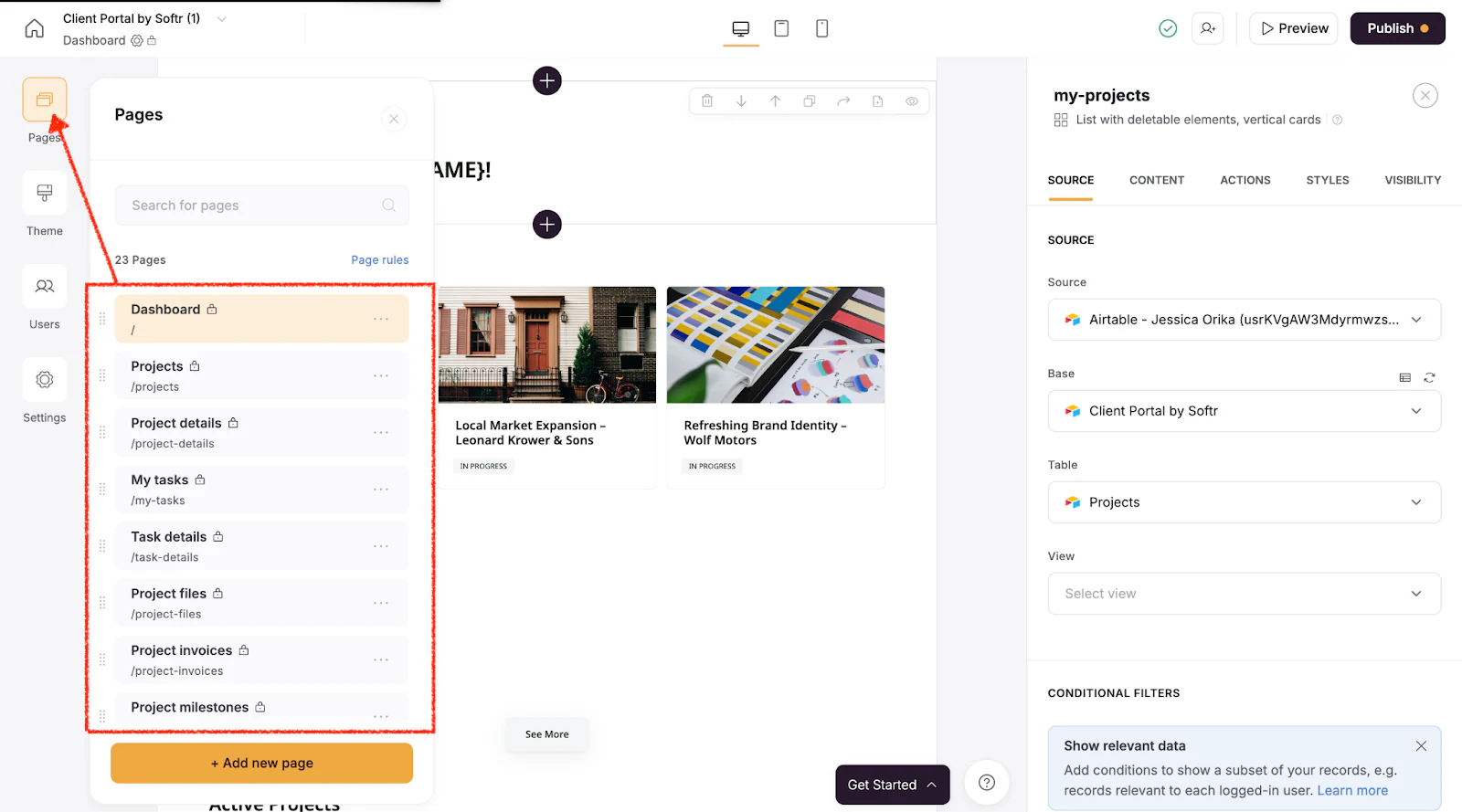 Softr Pages panel with the dashboard page selected