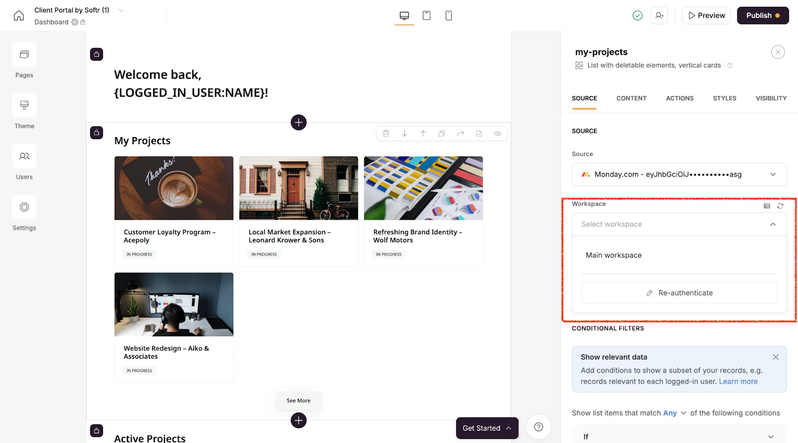 Selecting a monday.com workspace to display in the block