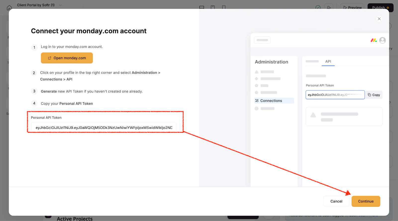 Pasting a monday.com personal API token into Softr