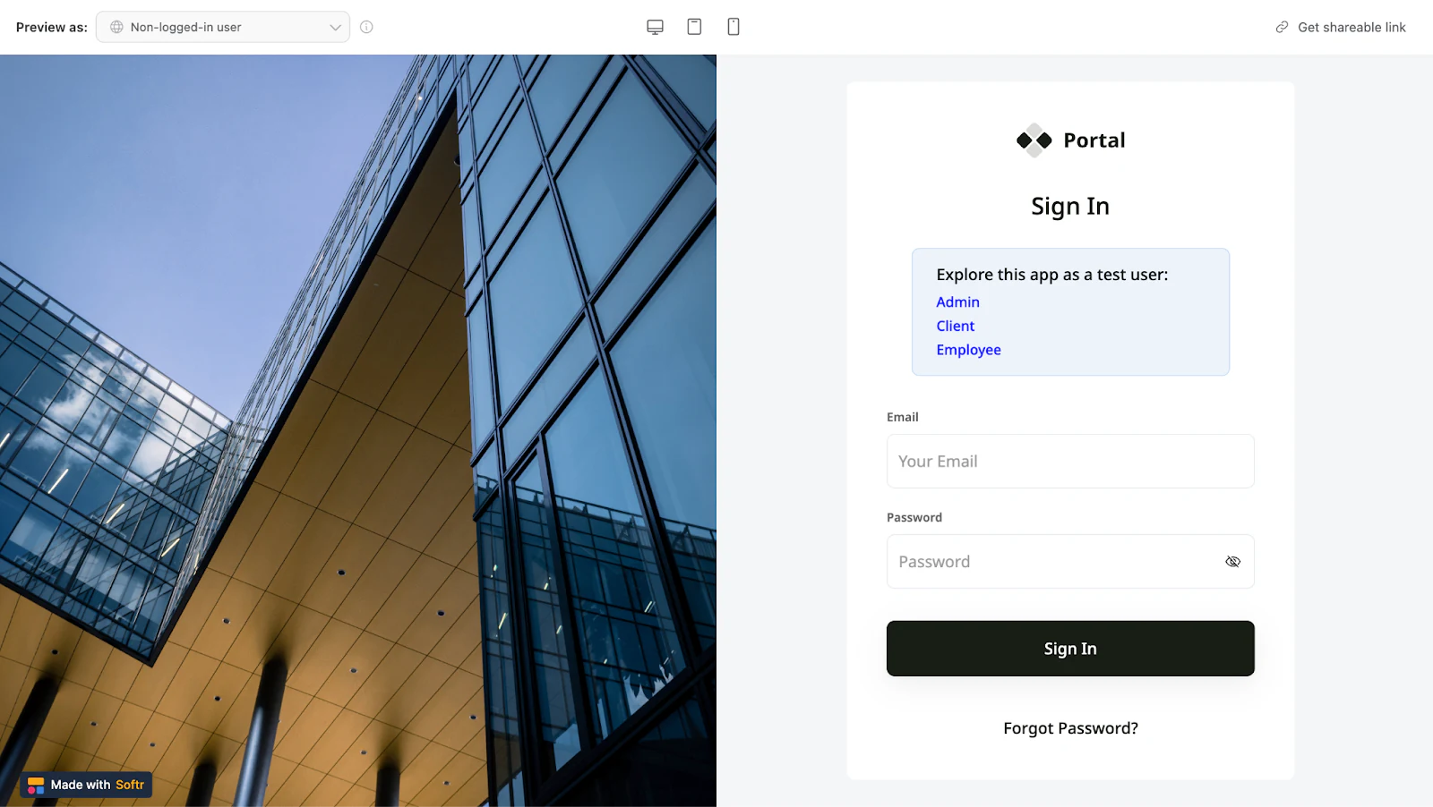App preview showing the view for non-logged-in users