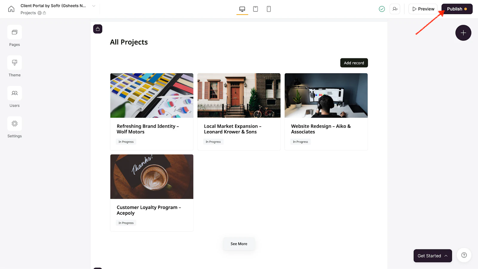 Publish button in the top right corner of Softr Studio
