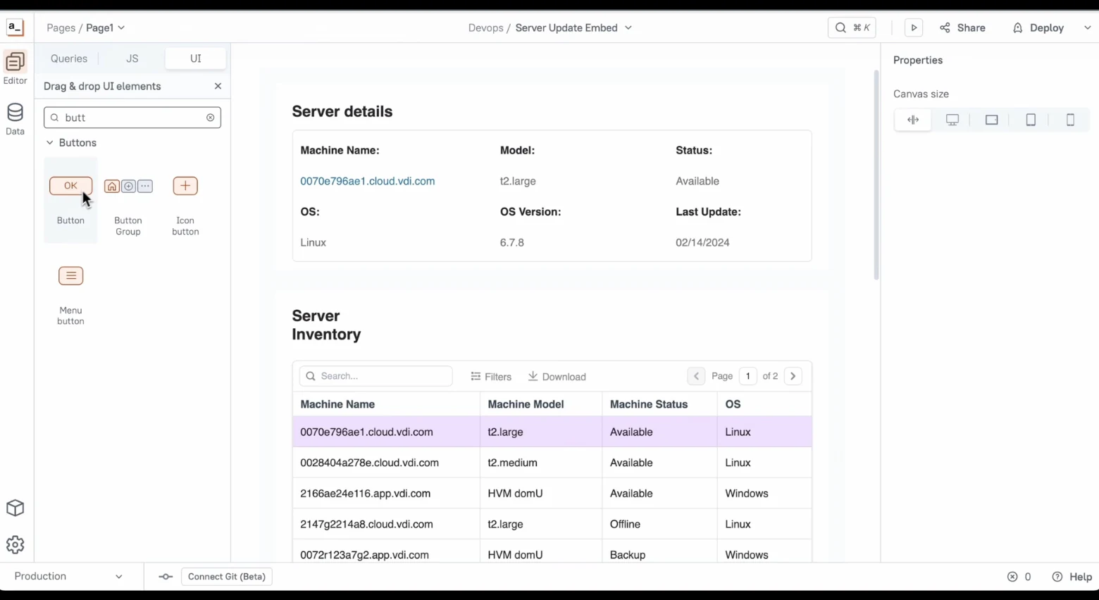 Appsmith visual editor combining drag-and-drop UI with code-first logic