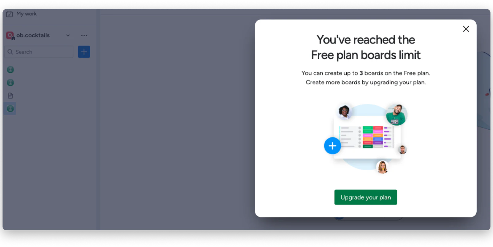 monday.com pop-up saying the Free plan boards limit is reached, with an Upgrade your plan button