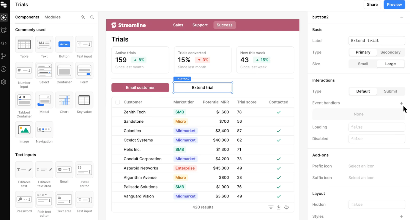 Retool developer-focused app builder interface with drag-and-drop components