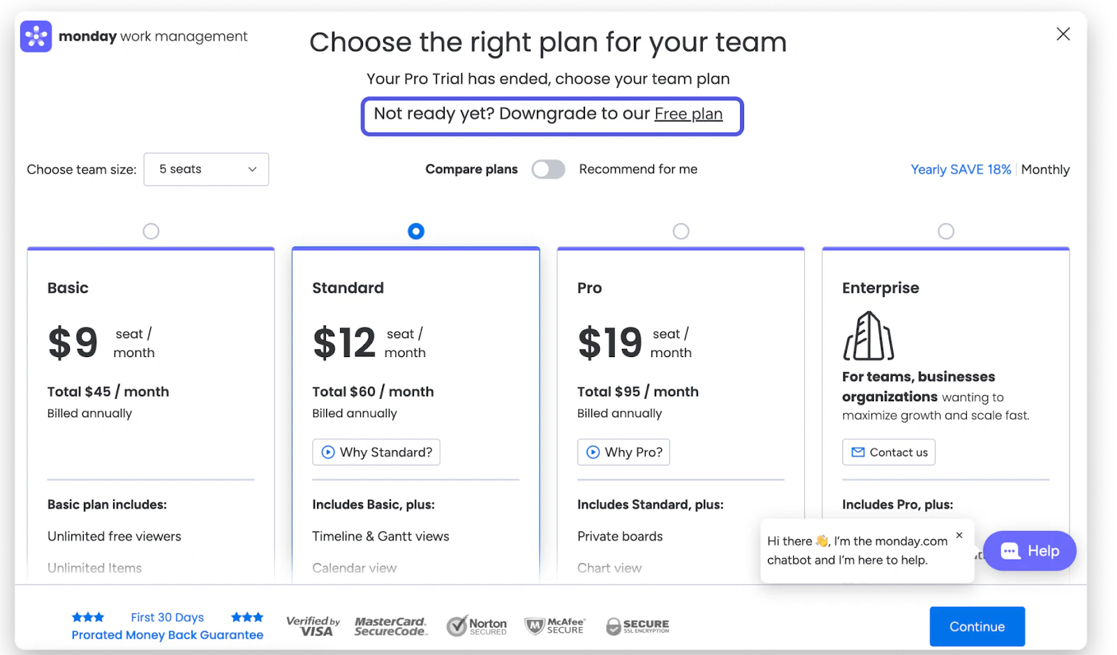 monday.com plan picker after a Pro trial ends, with the option to downgrade to the Free plan highlighted