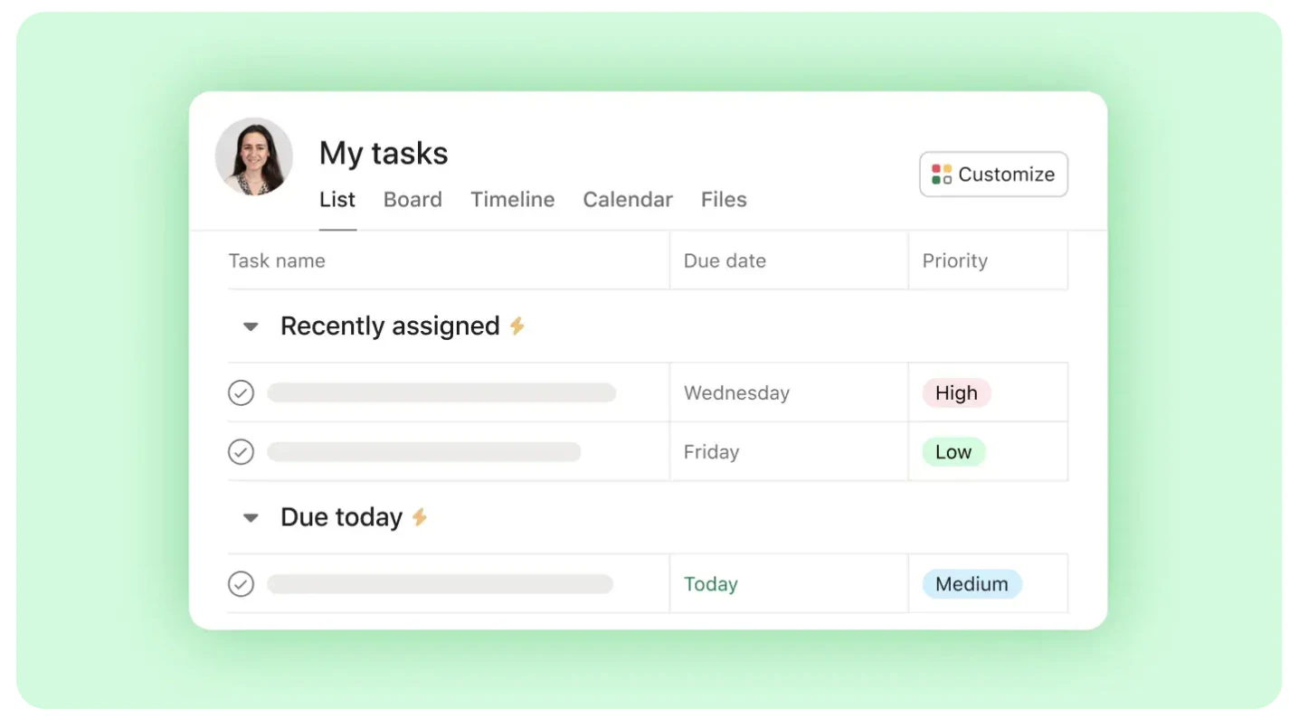Asana project view with task list and timeline