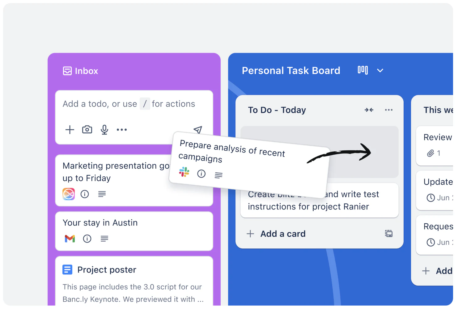 Trello Kanban board with cards moving across columns