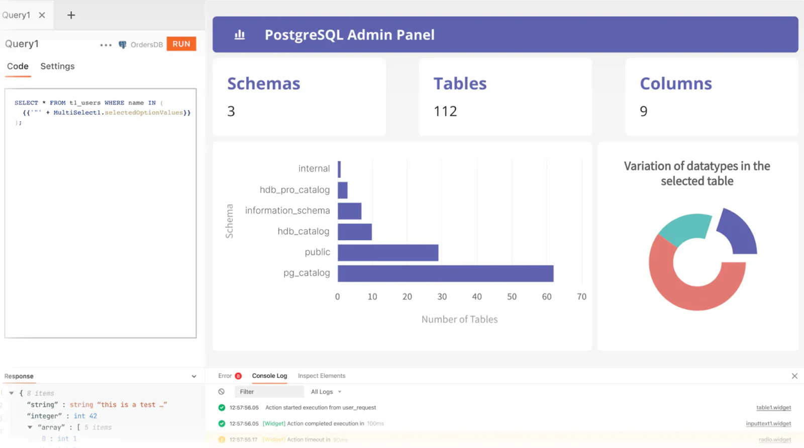 Appsmith app builder interface with pre-built widgets