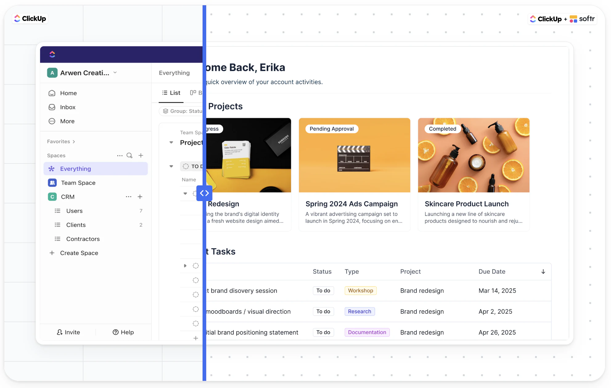 Softr connecting to ClickUp as a data source to build a client portal