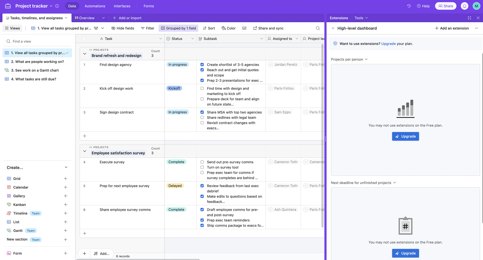 Airtable base with linked records and multiple views