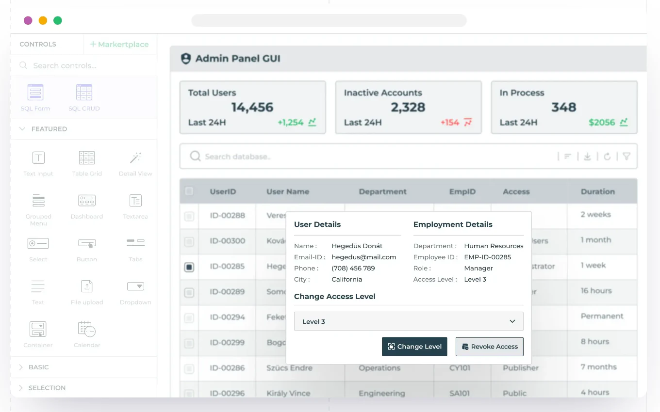 DronaHQ low-code app builder interface with mobile and web components