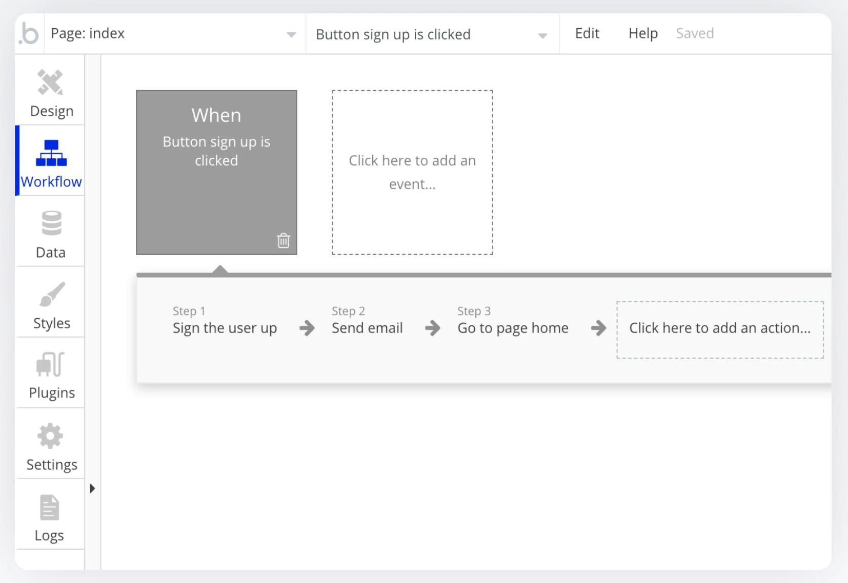Bubble visual programming editor showing a workflow builder for app logic