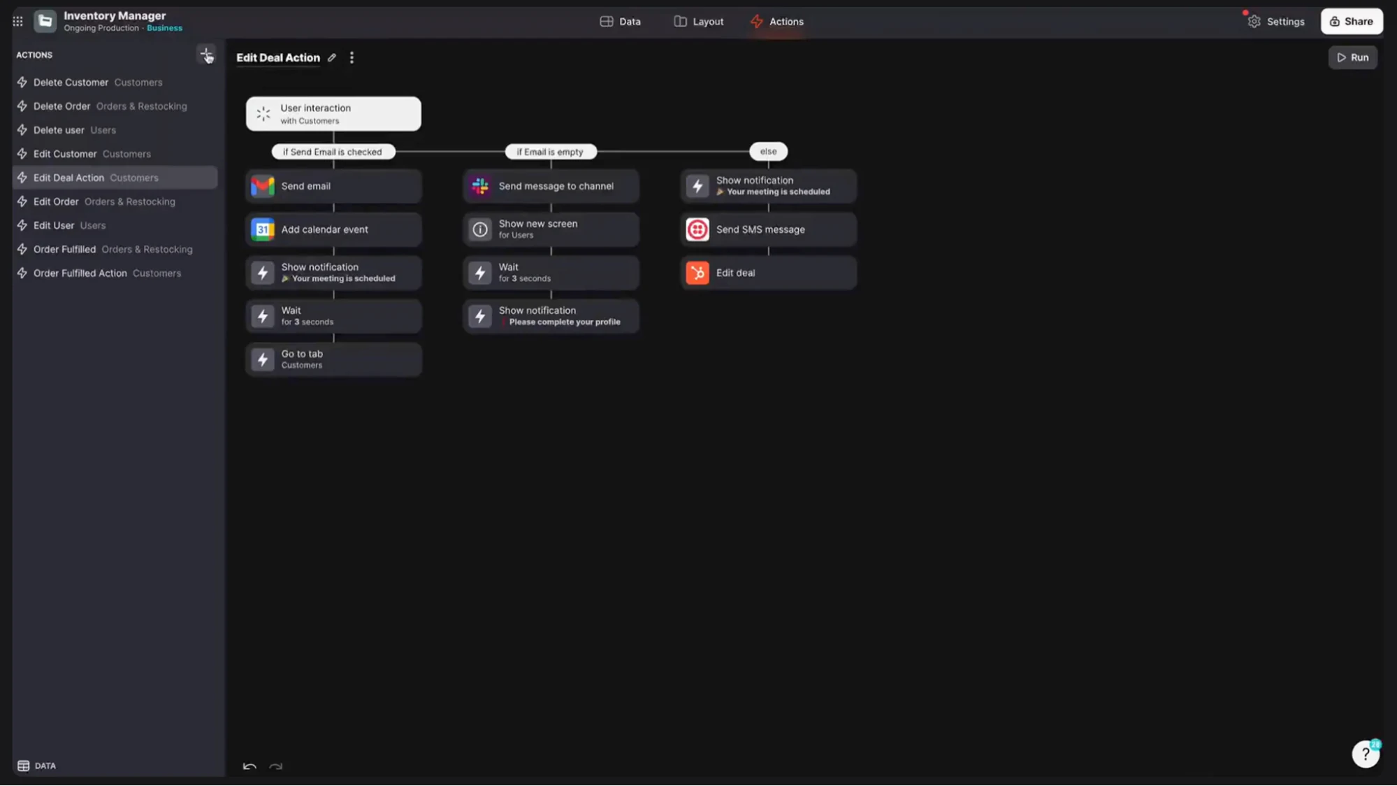 Glide app builder interface showing a mobile-first layout with custom components