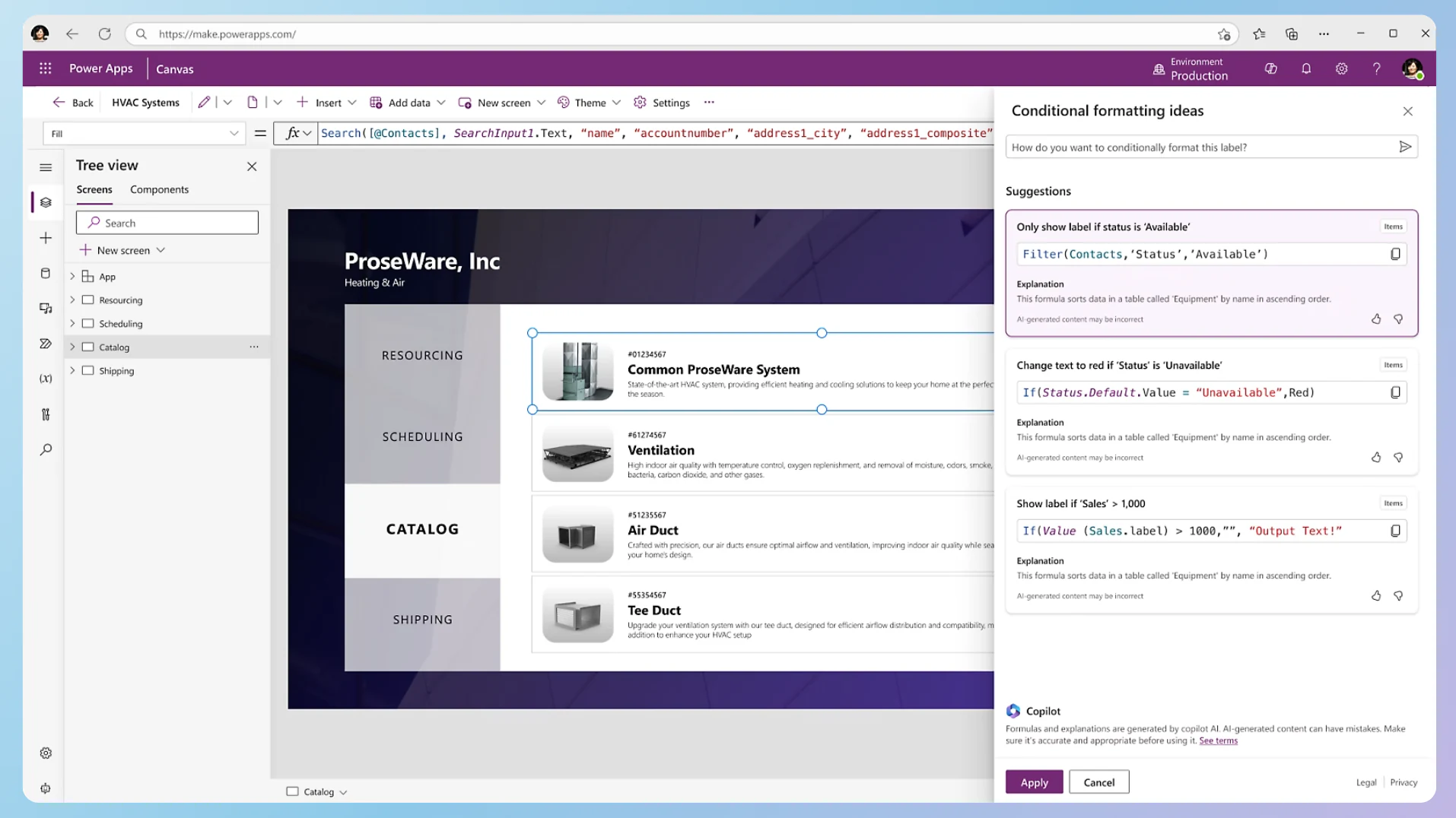 Microsoft Power Apps Copilot interface for generating a database schema from a prompt