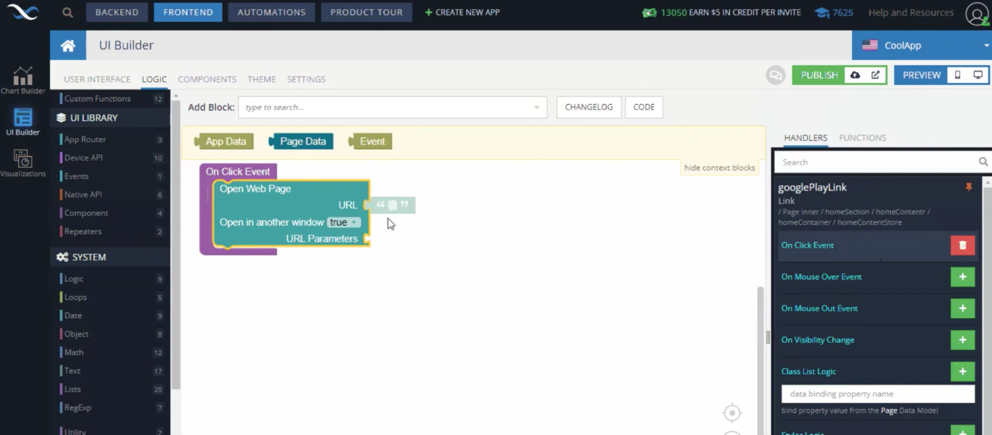 Backendless UI builder connected to a backend database, showing a visual interface layout