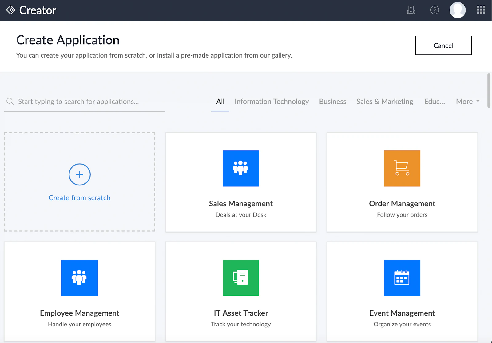 Zoho Creator Create Application screen with a from-scratch option and prebuilt app templates