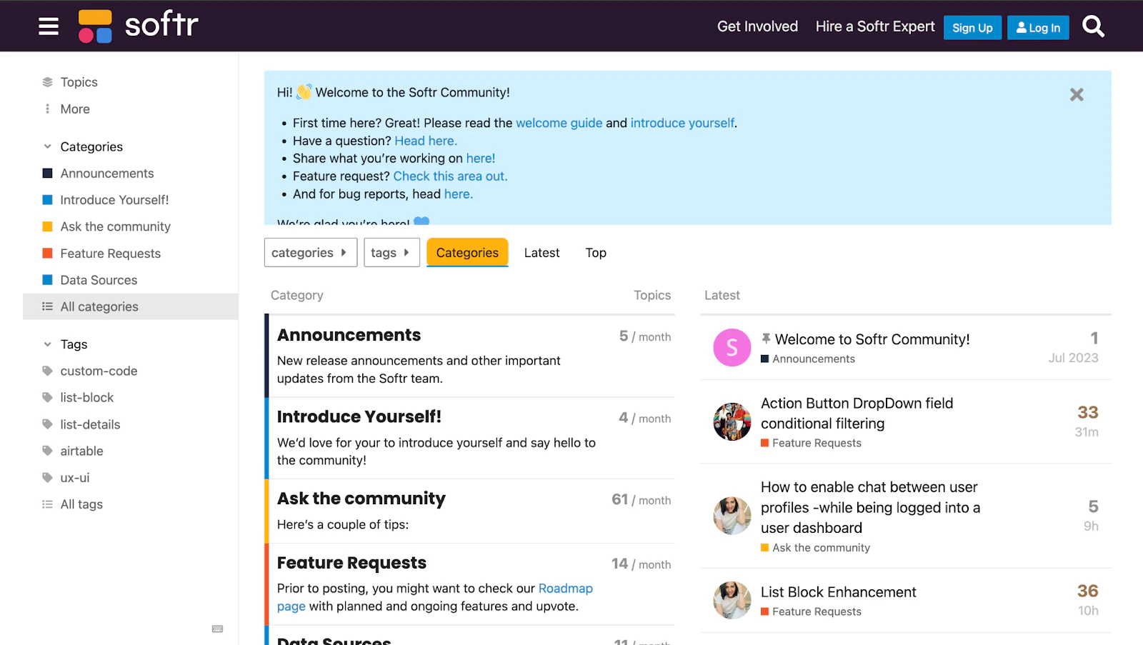 Softr Community forum home page with categories such as announcements and feature requests