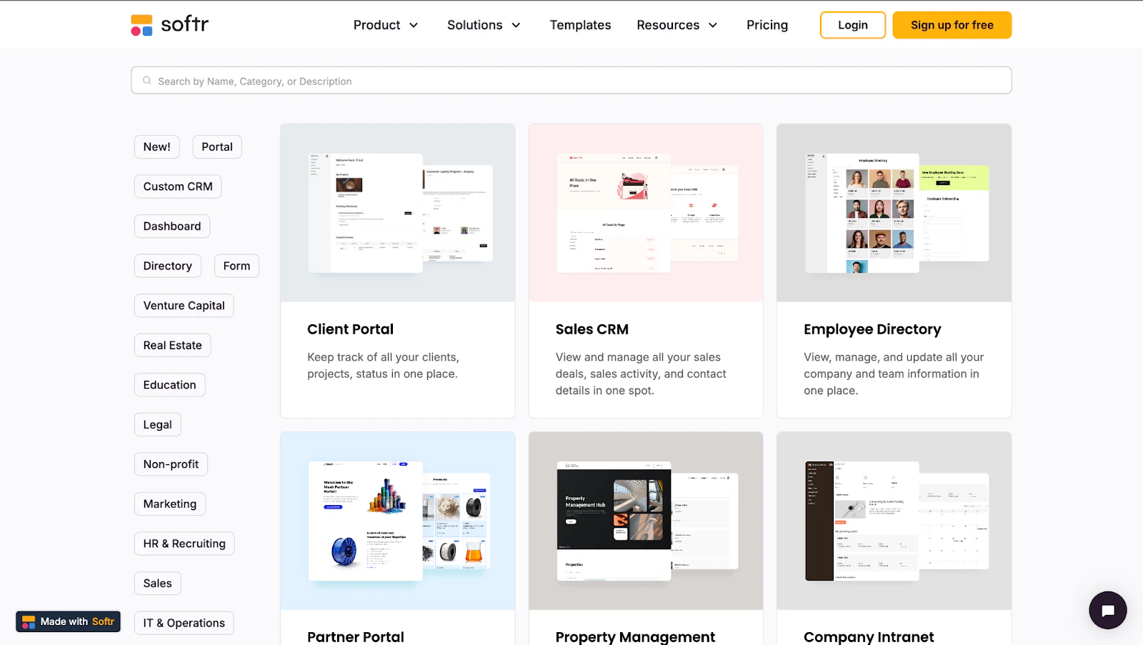 Softr templates library with client portal, sales CRM, employee directory and other app templates