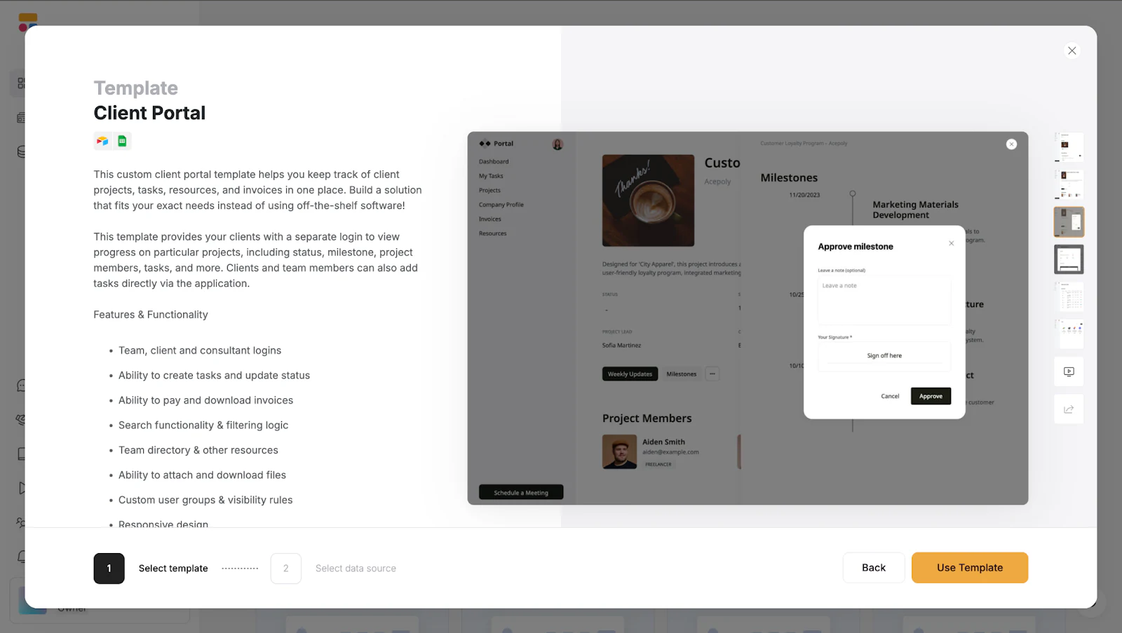 Softr Client Portal template preview with features list and a milestone approval dialog
