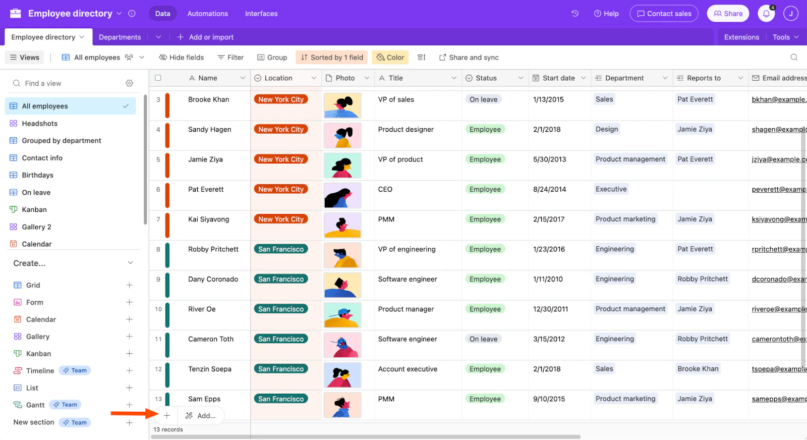 Airtable employee directory grid with location, photo, title, status and department fields