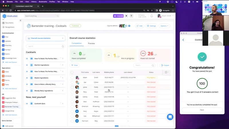 Connecteam bartender training course with completion statistics and a passed quiz on mobile