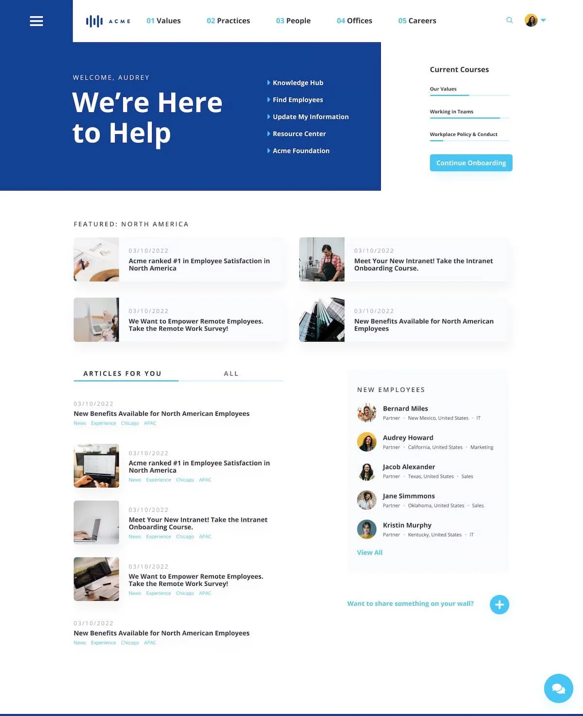 Liferay employee intranet home page with a welcome banner, featured news and new employees list