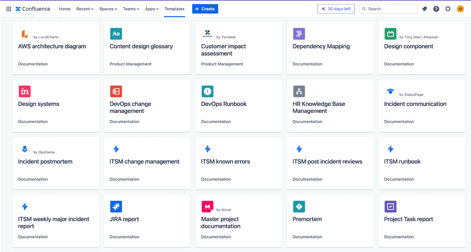 Confluence template gallery with documentation templates such as DevOps runbook and incident postmortem