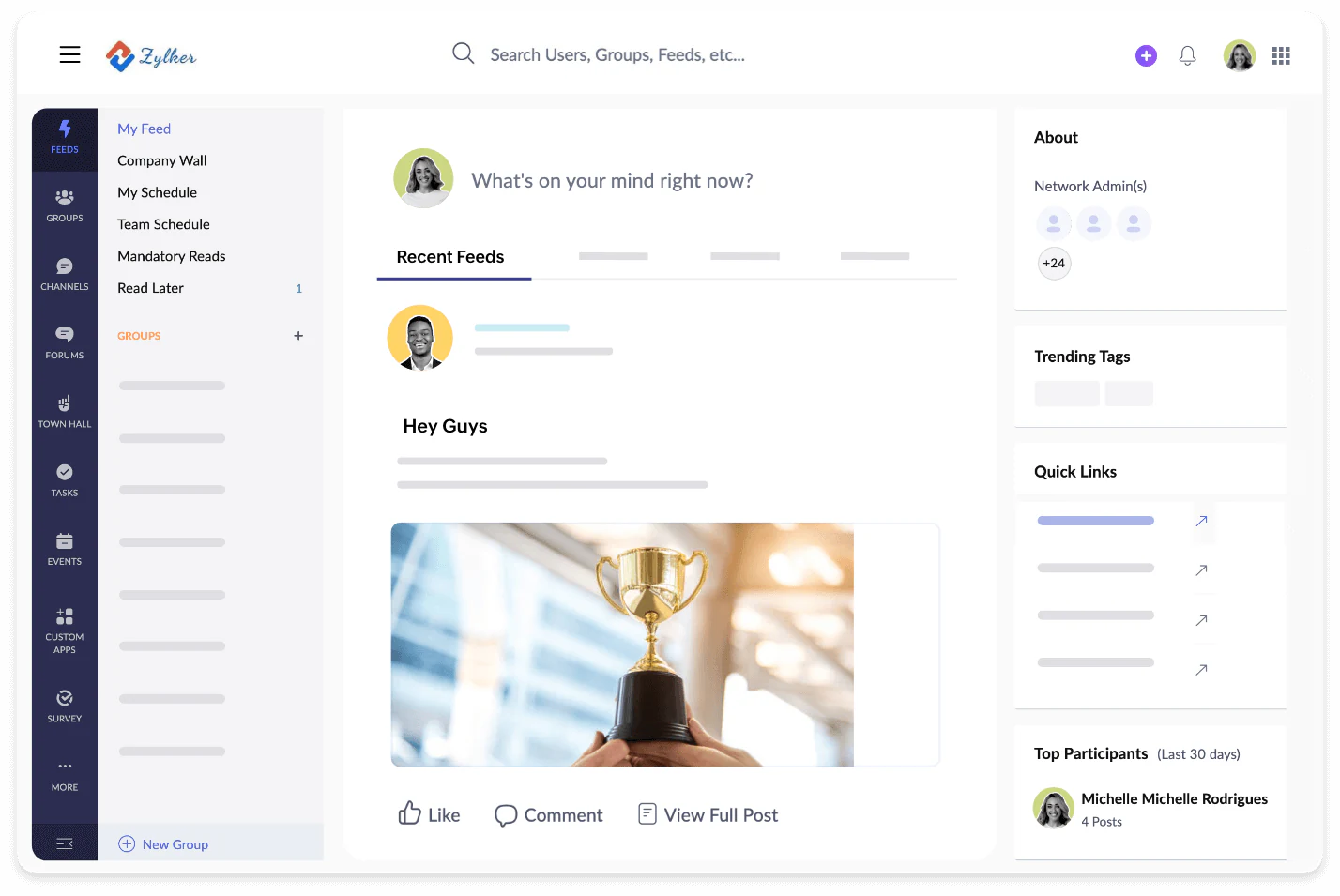 Zoho Connect intranet feed with posts, groups, channels, quick links and top participants