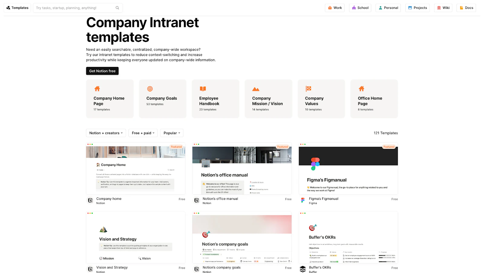 Notion company intranet templates gallery with company home, office manual and OKR templates