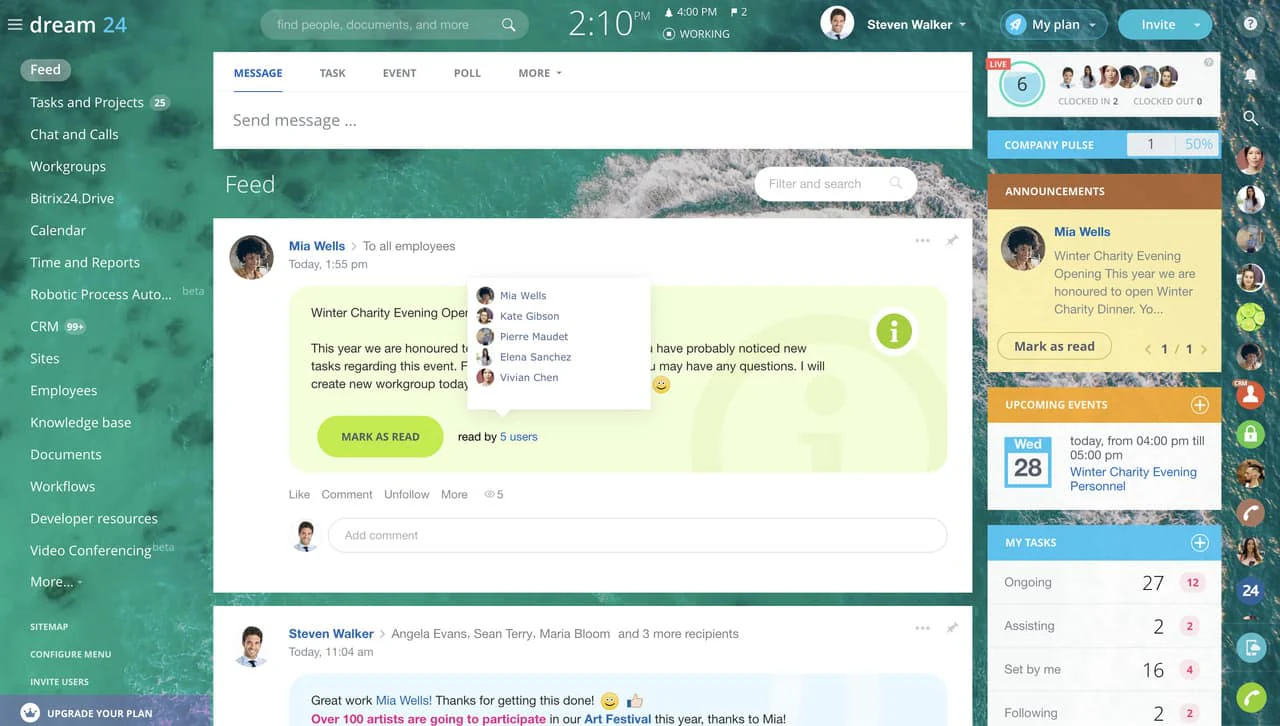 Bitrix24 company feed with an announcement post, upcoming events and a task counter panel