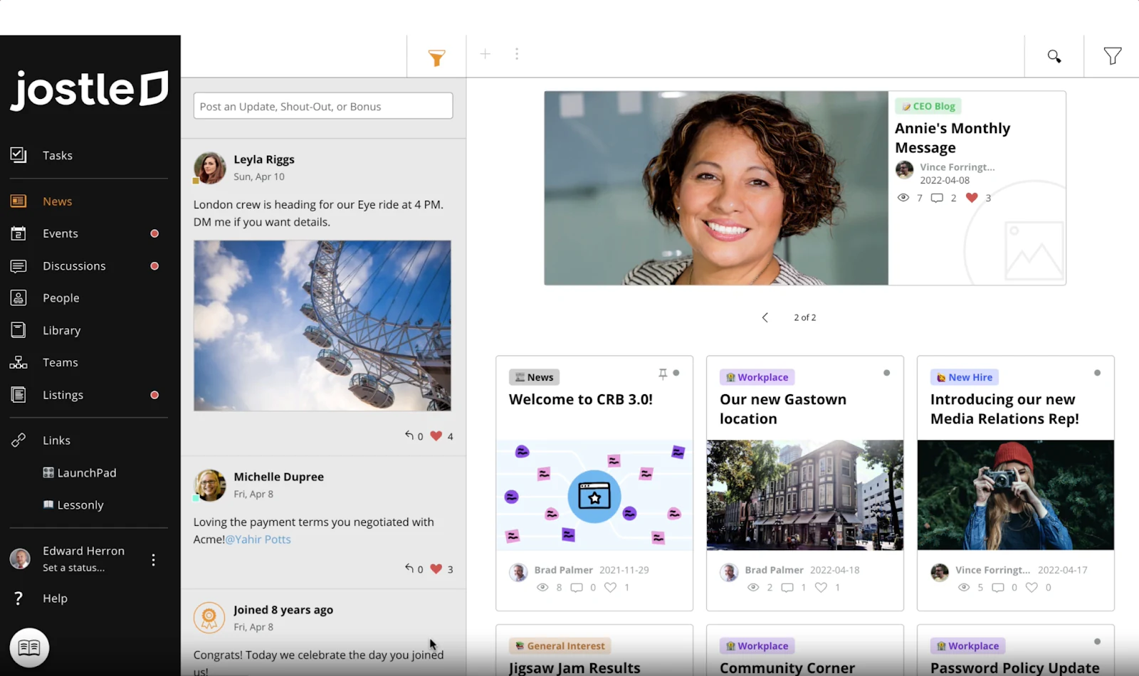 Jostle intranet news page with a CEO blog post, team updates feed and news cards