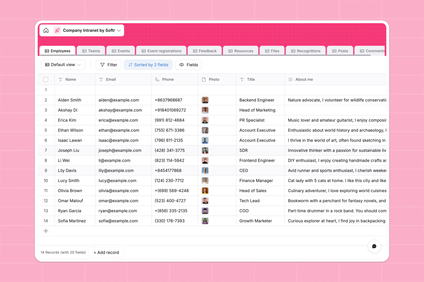 Company intranet built with Softr showing internal news, resources, and team updates in one hub