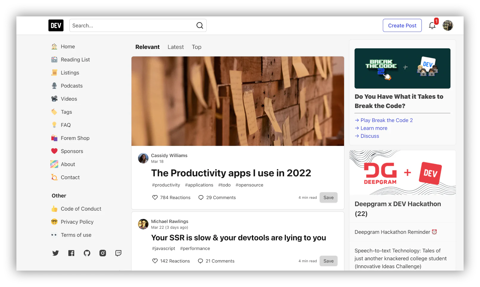 dev community homepage
