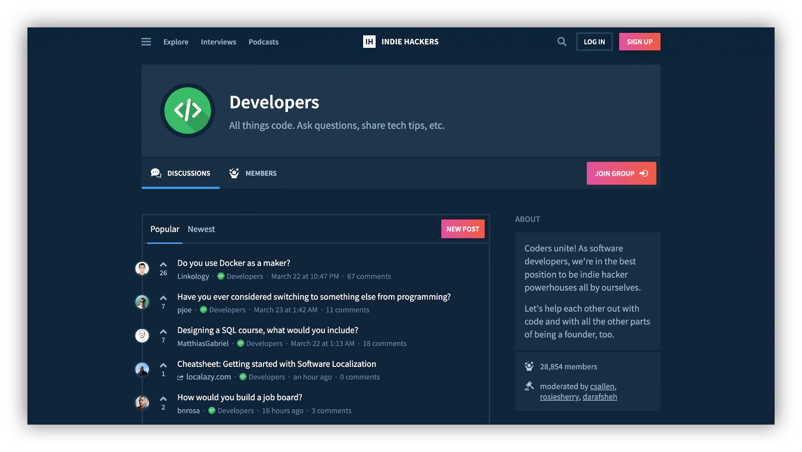indiehackers community homepage
