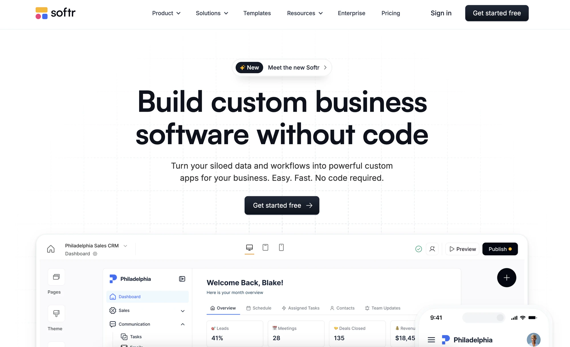 Softr homepage hero: build custom business software without code, CRM dashboard preview